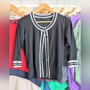 PLANET Black Contrast Trim Cardigan | Button Front Knit Sweater